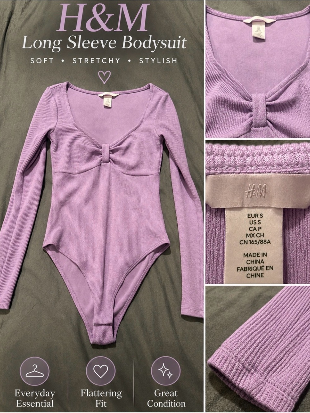 H&M Lavender Rib-Knit Long Sleeve Bodysuit with Front Knot